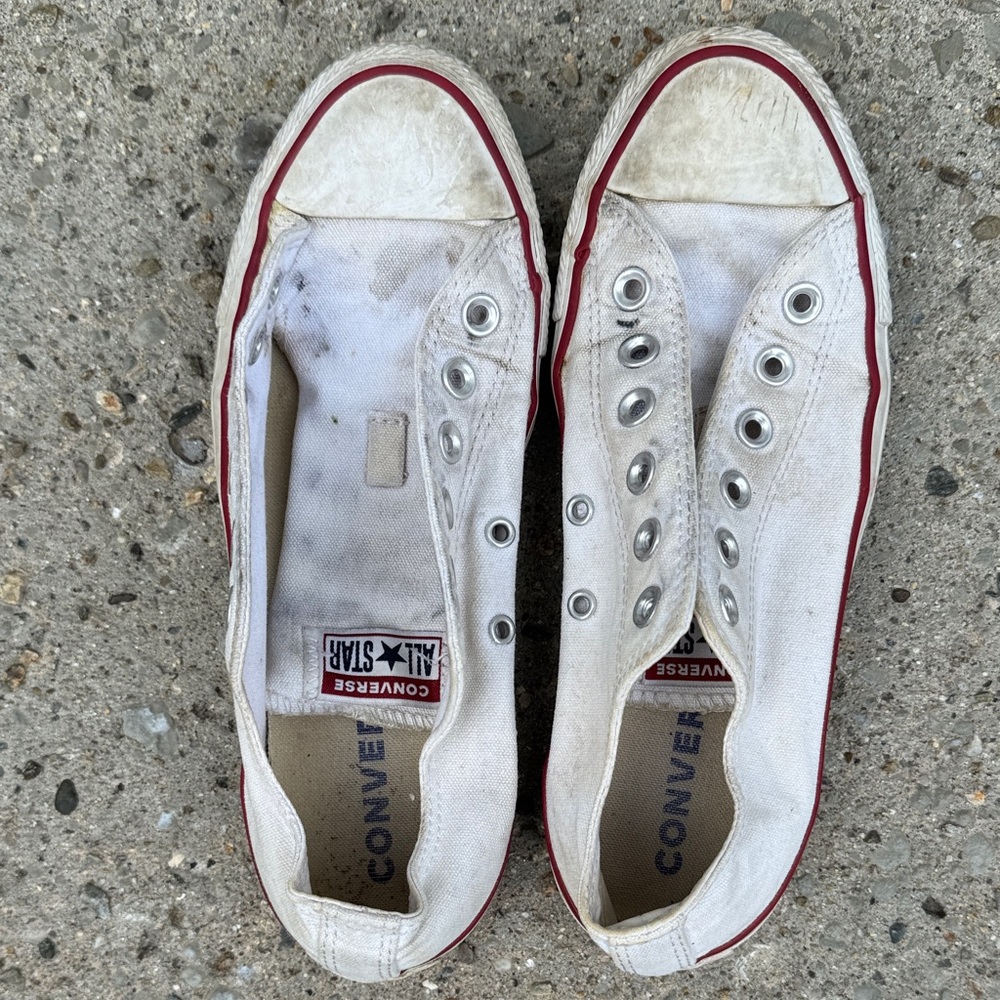 Converse White Canvas Slip-Ons with Red Trim